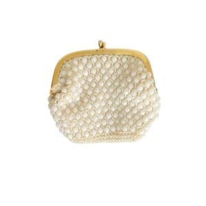 Vintage White and Gold Crochet Beaded Change Purse Bag